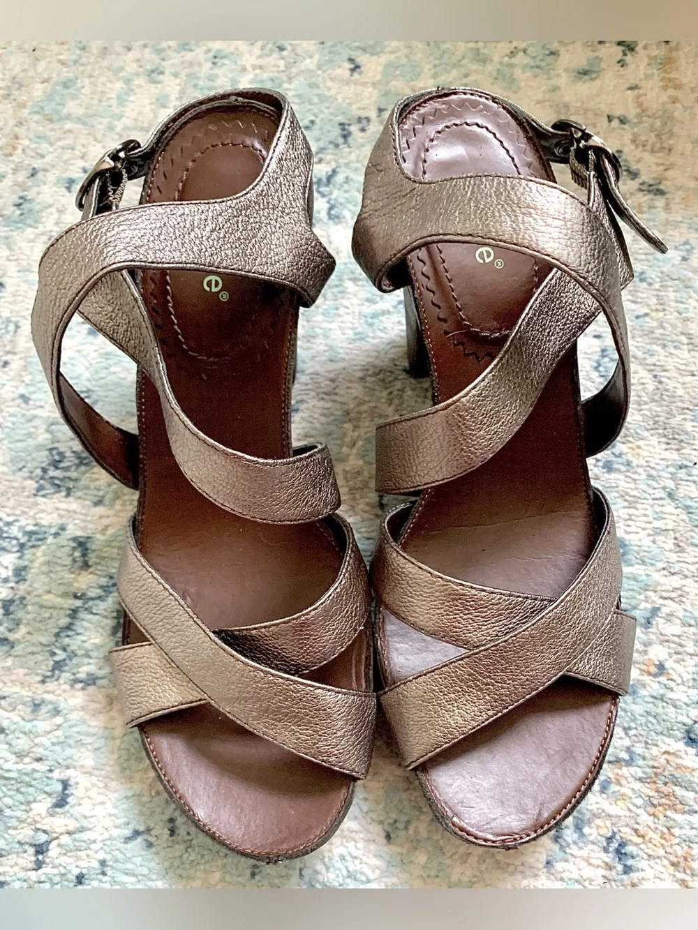 Nicole Metallic Bronze Pewter Strappy Platform Chunky Heels Sandals